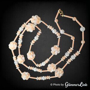 Vintage Peach & White Plastic Bead Cluster Necklace - 1950s Japan Style 46"